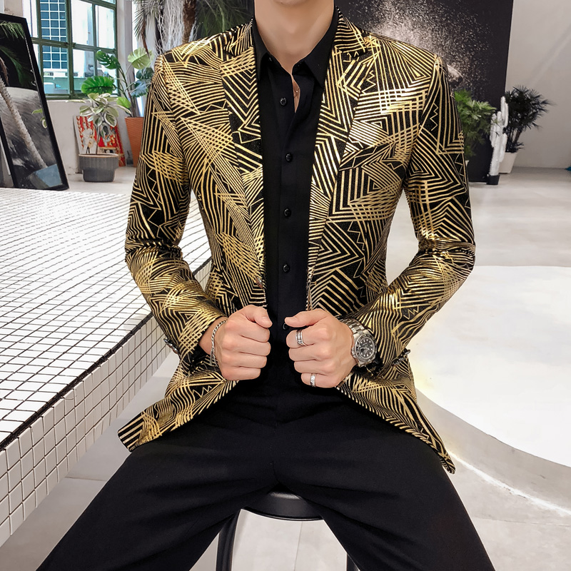 Men'S Grooming Club - Luxury Gold Striped Print Blazer Men