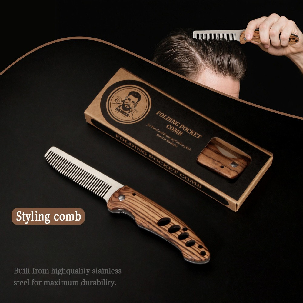 Men'S Grooming Product - Solid Wood & Metal Folding Beard